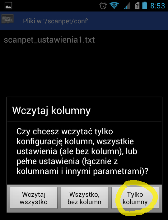 Rysunek 10. Podczas wczytywania ustawień wybieramy Tylko kolumny Uwaga, istnieje możliwość ręcznego skonfigurowania ustawień (np.