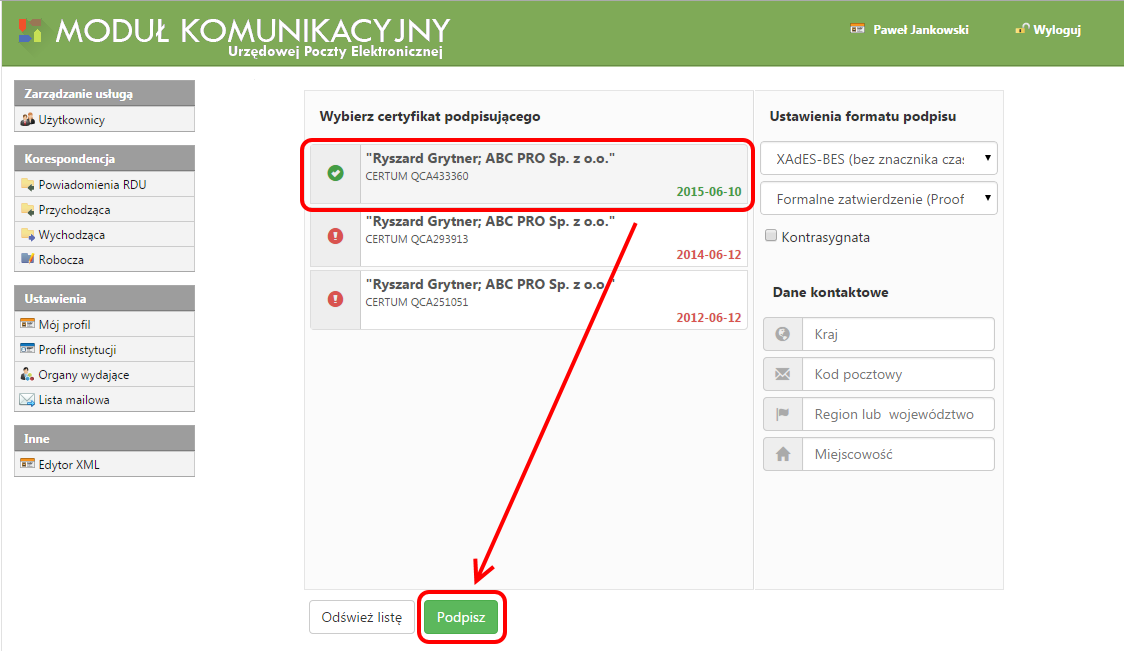 Po dodaniu wszystkich aktów, które chcemy przekazać do publikacji wybieramy Podpisz i wyślij (na dole formularza): Proces podpisywania i wysyłki realizowany jest przy użyciu apletu JAVY, w związku z