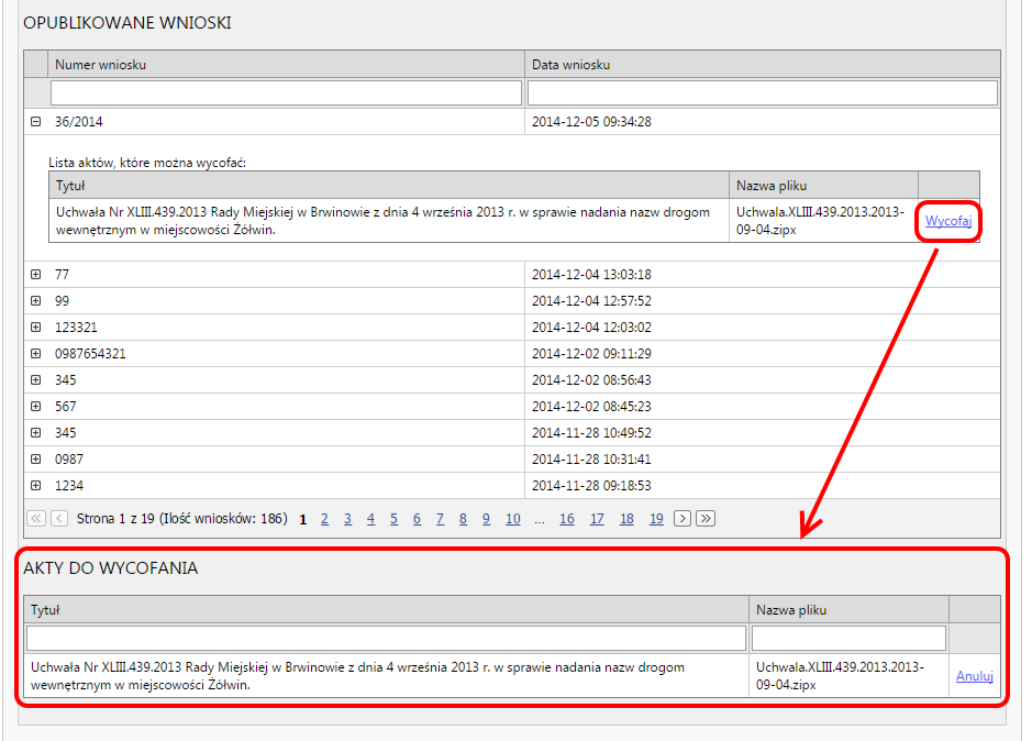 Aby sprawdzić jakie akty były wysyłane we wniosku o ogłoszenie, wystarczy na liście rozwijanej wybrać plus przy numerze wniosku.