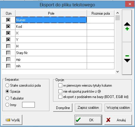 4.5.15 Leica GSI Tworzony jest plik, który może być potem załadowany przy pomocy oryginalnego programu Leica GeoOffice do tachimetru. Wybieramy pomiędzy formatami 8- i 16-znakowymi. 4.5.16 Kartometr Eksport zaznaczonych w tabeli punktów do formatu xy lub xyh akceptowanych przez oprogramowanie kartometru.