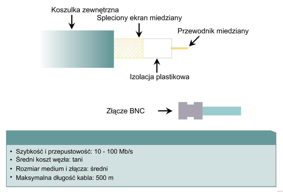 zewnętrzny cylindryczny przewodnik otacza pojedynczy wewnętrzny przewodnik Kabel koncentryczny w LAN mogą być stosowane bez wzmocnienia na dłuższe odległości tańszy niż światłowód, droższe niż