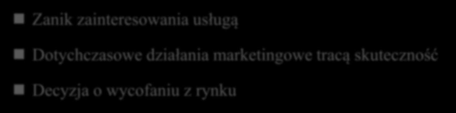 Faza nasycenia rynku spadek sprzedaży i zysków Brak nowych nabywców Znaczne zmniejszenie sprzedaży Ograniczanie kosztów Faza wycofania z