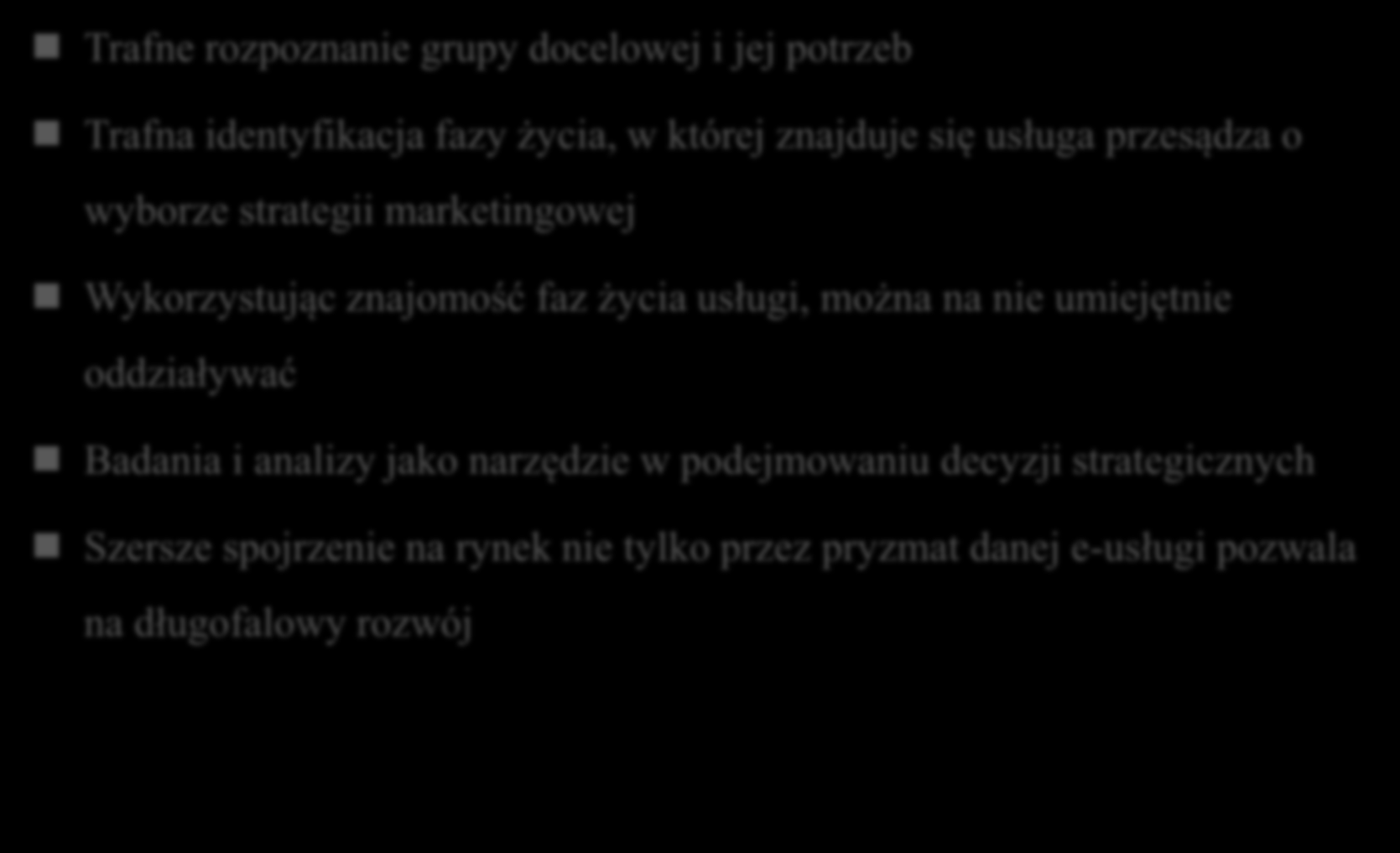 Podstawy formowania strategii marketingowej e-usługi Trafne rozpoznanie grupy docelowej i jej potrzeb Trafna identyfikacja fazy życia, w której znajduje się usługa przesądza o wyborze strategii