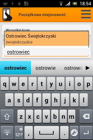 Klikając szukaną miejscowość powrócimy do poprzedniego ekranu, gdzie pojawi się uzupełniona miejscowość końcowa.