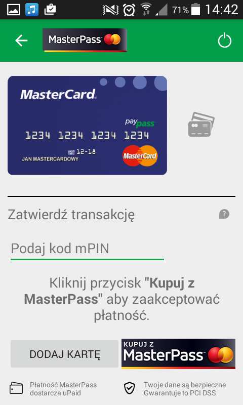 Wybierz kartę płatniczą, którą chcesz zapłacić W aplikacji nie musisz za każdym razem podawać danych karty, wystarczy, że zarejestrujesz swoją kartę w portfelu elektronicznym.