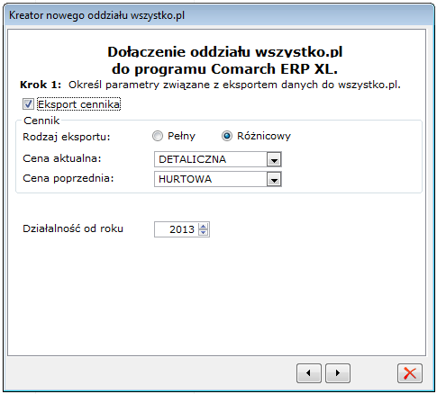 1.1.1.1 Krok 1 Parametry związane z eksportem danych do wszystko.pl W pierwszym kroku możemy określid następujące parametry: Eksport cennika po zaznaczeniu opcji do oddziału wszystko.