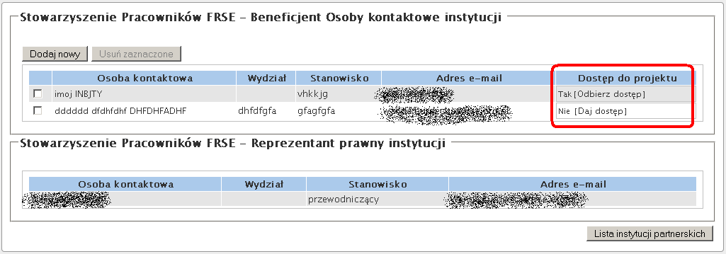 - Aby nadać osobie kontaktowej dostęp, należy kliknąć przy jej nazwisku na linku z symbolem "[Daj dostęp]" w kolumnie Dostęp do projektu.