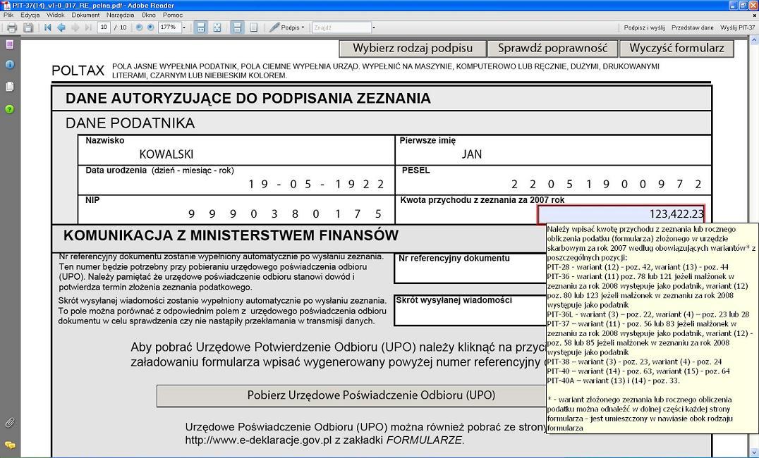 Dane autoryzujące do podpisania