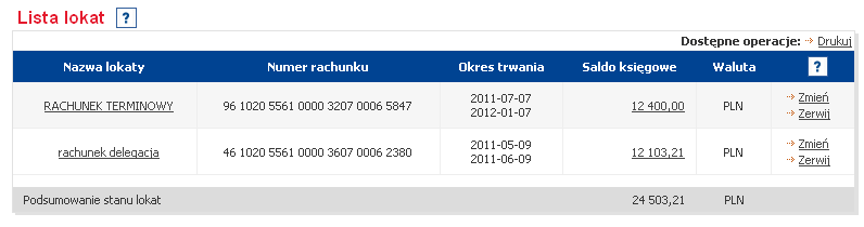 3.5. SZCZEGÓŁY DEPOZYTU TERMINOWEGO Informacje szczegółowe na temat wybranej lokaty, obejmują m.in.