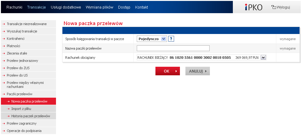 4.10. PACZKI PRZELEWÓW Paczka przelewów jest zbiorem poleceń przelewów realizowanych z jednego rachunku, które podlegają wspólnej (jednorazowej) autoryzacji.
