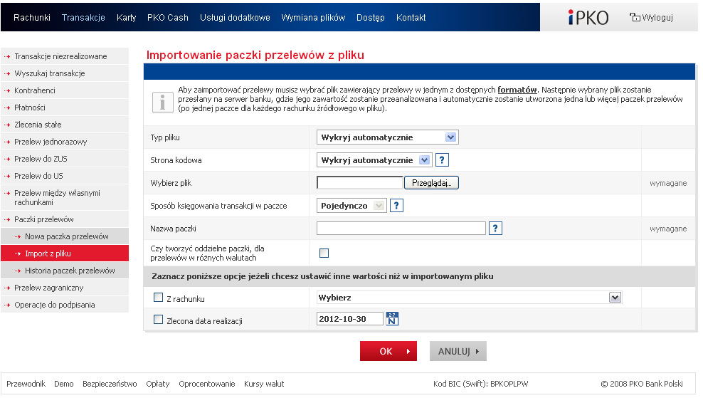 Import paczki przelewów z pliku W celu zaimportowania paczki przelewów, należy udostępnić plik w jednym z dostępnych formatów: Elixir-O, Netbank (CSV), Netbank (CLF), Netbank (XLS), VideoTel, Płatnik