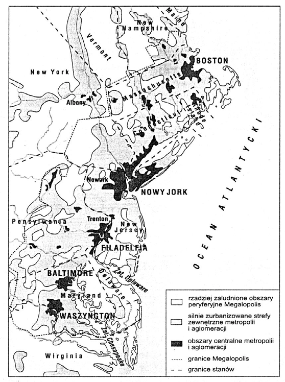 Zadanie 22. (4 pkt) Mapka przedstawia Megalopolis na wschodnim wybrzeżu Stanów Zjednoczonych. Źródło: W.