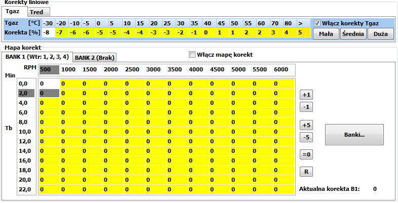 Strona 49 z 66 W oknie map można również włączyć liniowe korekty na obroty (RPM) oraz podciśnienie (Pcol). Po uaktywnieniu korekt pokażą się dodatkowe tabele, które można edytować (Rys. 3.