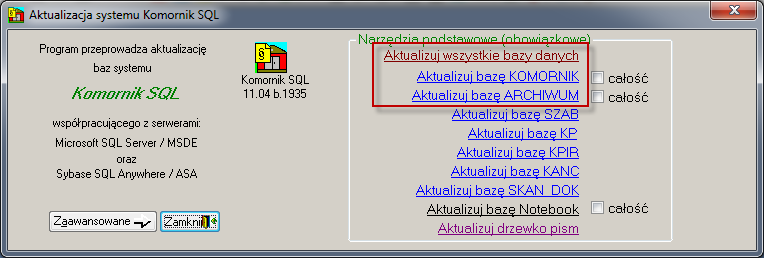 Rysunek 1 Uruchomienie modułu do aktualizacji struktury bazy danych Rysunek 2 Aktualizacja struktury bazy danych komornik i archiwum lub wszystkich bazy zaimportowania nowych szablonu pisma (P_0778)