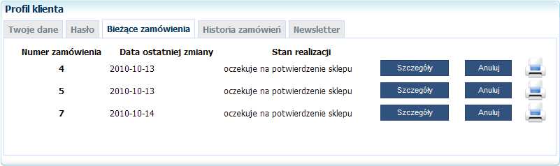 210 Plugin Profil klienta, zakładka Bieżące zamówienia. Na liście zamówień obok każdego zamówienia znajduje się ikona, która włącza podgląd wydruku dla danego zamówienia.