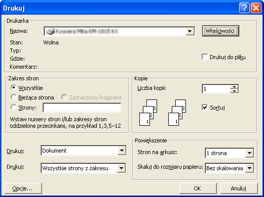 Podstawowa obsługa 3 4 W przypadku programu Microsoft Word zaleca się kliknięcie przycisku [Opcje] i wybranie opcji [Użyj ustawień drukarki] dla ustawienia [Domyślny