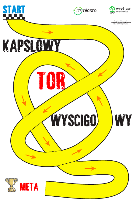 Kapslowy tor wyścigowy Co potrzebujemy? zużyte kapsle nakrętki małe zakrętki od słoików Zasady gry Gra wykorzystująca kapsle od butelek, plastikowe nakrętki lub małe zakrętki od słoików.