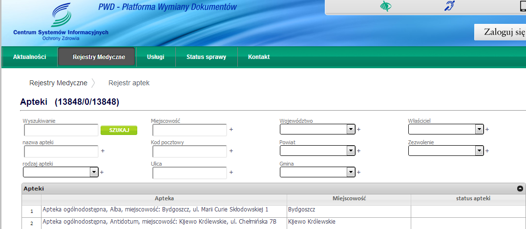 W rejestrze centralnym, po dokonaniu importu danych z rejestrów wojewódzkich znajdujemy wszystkie apteki opisane jednolicie, w sposób umożliwiający wyszukanie apteki wg kryteriów terytorialnych,