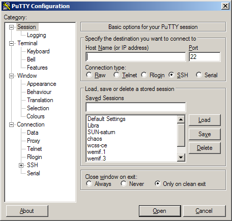 Rys.2. Okno programu PuTTY po uruchomieniu Następnie skonfiguruj połączenie do serwera ćwiczeniowego o zadanych parametrach: port 22, protokół SSH, adres serwera www2.wemif.pwr.wroc.