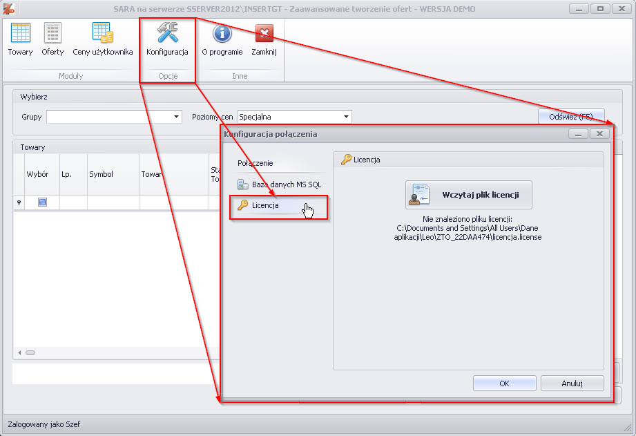 W tym celu należy wybrać w głównym menu Konfiguracja zakładka Licencja/ Wczytaj