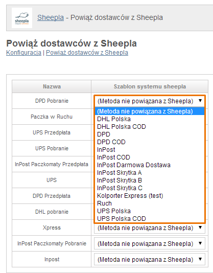 Rys. 99 Zakładka Powiąż dostawców z Sheepla Krok 6 W oknie Powiąż dostawców z Sheepla należy połączyć opcje dostawy skonfigurowane wcześniej w sklepie z