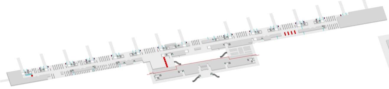 Specjalne wyjścia do samolotów: High Risk Gate wykorzystywane do oprawy lotów do i z Izraela na poziomie Z w południowej części pierzei głównej wyjścia do samolotów numer A21 i A22