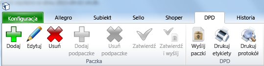 wyników wybierz te przesyłki, które mają zostać nadane; po zaznaczeniu przesyłek przejdź do modułu DPD; Ważne: Przejście do modułu DPD, spowoduje, że zaznaczone dane zostaną skonwertowane do