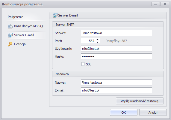3. Konfiguracja połączenia e-mail Korzystając z polecenia menu Połączenie zakładka Serwer E-mail należy wprowadzić dane konfiguracyjne serwera SMTP poczty wychodzącej dla skrzynki pocztowej, która
