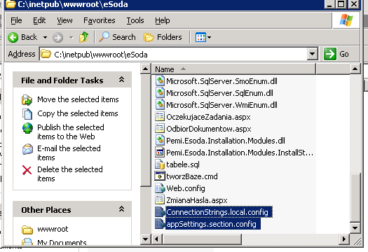 Ręczna konfiguracja aplikacji. 11. Do katalogu, w którym zainstalowano esodę (domyślnie C:\inetpub\wwwroot\eSoda) skopiuj dwa pliki konfiguracyjne: appsettings.section.config oraz ConnectionStrings.