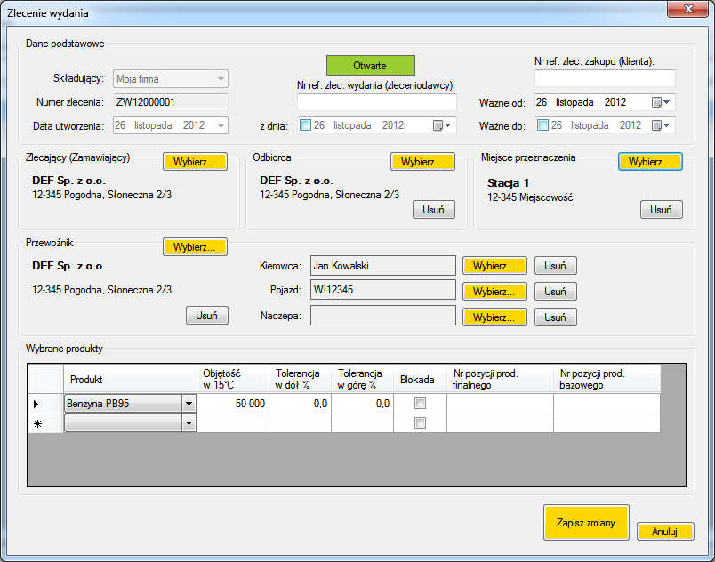 przeznaczenia, przewoźnika oraz listę produktów. Każdy produkt posiada limit wydania (objętość) produktu wraz z tolerancją objętości.