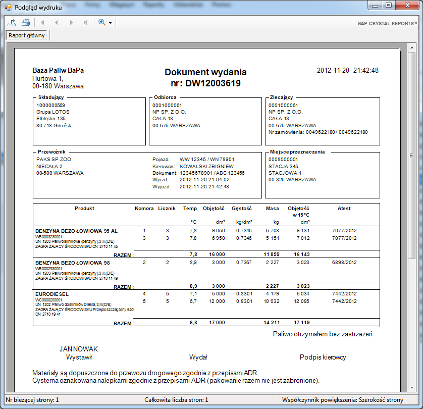 2.9. Wydruk dokumentu wydania Po podpięciu wszystkich nalewów możemy wydrukować