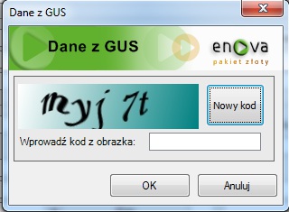 Czynność ta wywołuje okno pomocnicze: Okno pośrednie W celu pobrania danych na formularz kontrahenta należy wpisać kod captcha (pole to jest wymagane i inaczej nie dojdzie do importu danych z bazy