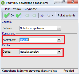 Dodane zasoby Zakładka Podmioty powiązane Funkcjonalność podmioty powiązane daje możliwość przypisania wielu kontrahentów związanych z daną aktywnością. Np.