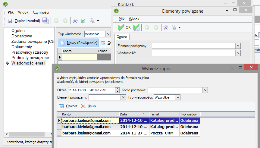 Dodane rekordy widoczne będą zarówno z poziomu kontrahenta Drynda (Widoczne w module CRM-> Kontrahenci-> konkretny kontrahent-> Zakładka CRM -> Aktywności powiązane) jak i osoby kontaktowej (Widoczne