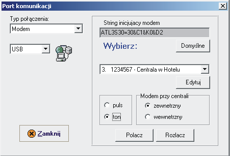 Przygotowanie centrali do programowania za pośrednictwem zewnętrznego modemu serwisowego polega na: podłączeniu zewnętrznego modemu serwisowego do wolnego zacisku wewnętrznego centrali i nadanie