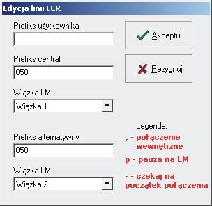 Należy pamiętać podczas konfiguracji Tablicy LCR, że linie miejskie mogą być przypisane do różnych wiązek LM (w oknie Funkcje Wiązki linii miejskich).