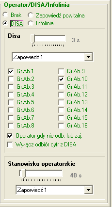 lub melodią. W polu Operator określa się czas trwania wybranej zapowiedzi słownej (lub melodii). Po tym czasie następuje rozłączenie połączenia.