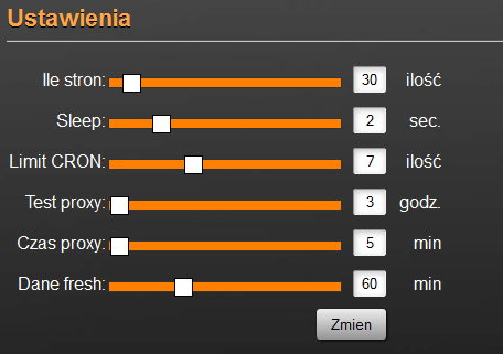 Czas proxy: - jest to czas ile ma skrypt odczekać przed kolejnym użyciem do ponownego połączenia z tym samym serwisem, Dane fresh: jest to parametr który umożliwia podświetlenie danych które były