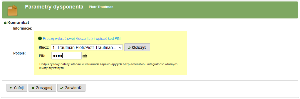 Przedsiębiorstwo Informatyczne SABA SERVICE Sp z oo 74-320 Barlinek; ul Gorzowska 64/4 e-mail:biuro@sabaservicepl komputera, wprowadzić PIN i potwierdzić klikając przycisk Wyświetlony zostanie
