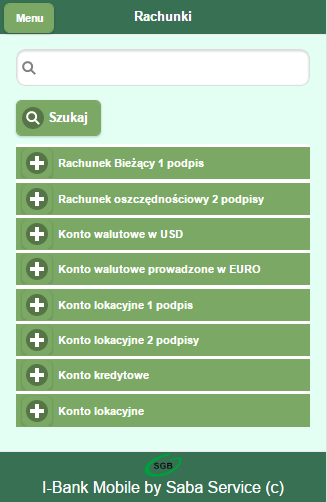 Przedsiębiorstwo Informatyczne SABA SERVICE Sp z oo 74-320 Barlinek; ul Gorzowska 64/4 e-mail:biuro@sabaservicepl 31 Obsługa rachunków i transakcji Po wybraniu z menu głównego programu opcji swoich