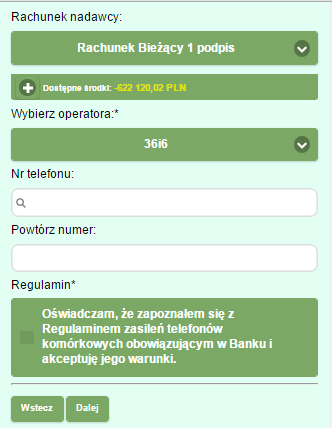 Przedsiębiorstwo Informatyczne SABA SERVICE Sp z oo 74-320 Barlinek; ul Gorzowska 64/4 e-mail:biuro@sabaservicepl Rys 314 Menu nowego przelewu 321 Dokonanie zasilenia telefonu W celu wystawienia