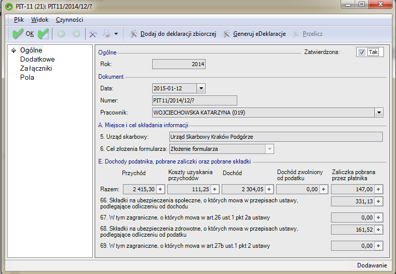 8. Przykład generowania pojedynczej edeklaracji PIT 11 (21) 1.