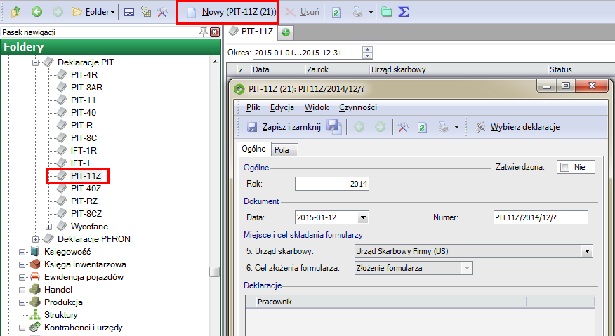Rysunek 27 Czynność: Deklaracje/Nalicz PIT-11 2.Aby przygotować dokument zbiorczy przykładowo dla deklaracji PIT-11 należy stojąc na liście Deklaracje PIT/PIT-11Z wskazać "Nowy (PIT-11Z(21))".