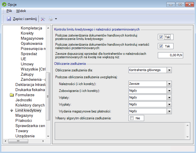 Parametry: Zakładka Limit kredytowy okna konfiguracji Sekcja Kontrola limitu i należności przeterminowanych: Podczas zatwierdzania dokumentów handlowych kontroluj przekroczenie limitu kredytowego