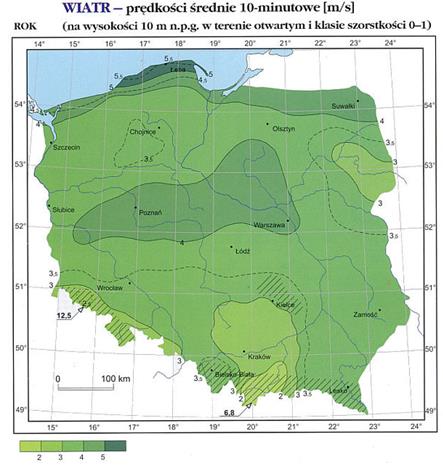 Warunki wiatrowe w Polsce gorsze niż w Danii i Szkocji Prędkość wiatru w Danii, Szkocji, zach.