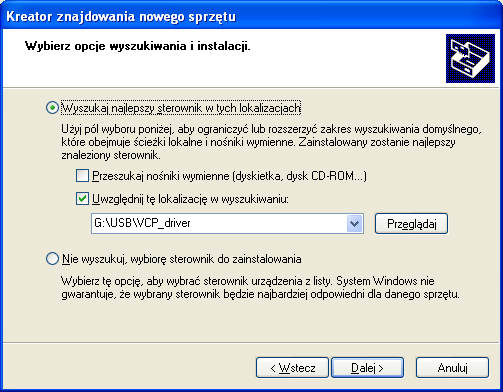 Po zainstalowaniu drivera dla portu USB konieczne jest zainstalowanie drivera VCP (Virual COM Port) tak, aby komputer mógł komunikować się z interfejsem zgodnie z