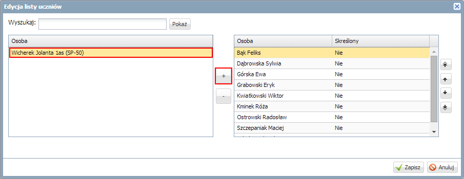 W oknie Edycja listy uczniów zaznacz ucznia na liście po lewej stronie i kliknij przycisk go na listę po prawej stronie.