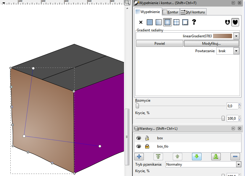 Klikając w oczko schowaj warstwę box Obiekt na warstwie box_tlo należy sprowadzić do jednego kształtu. Upewnij się że jest wybrana warstwa box_tlo i zaznacz wszystkie elementy pudełka.