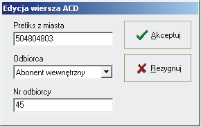 Prefiks z miasta W polu należy wpisać prefiks numerów miejskich przychodzących lub cały numer. Tak więc wpisując numer 5 to wszystkie zidentyfikowane przez CLIP numery zaczynające się od cyfry 5 (np.