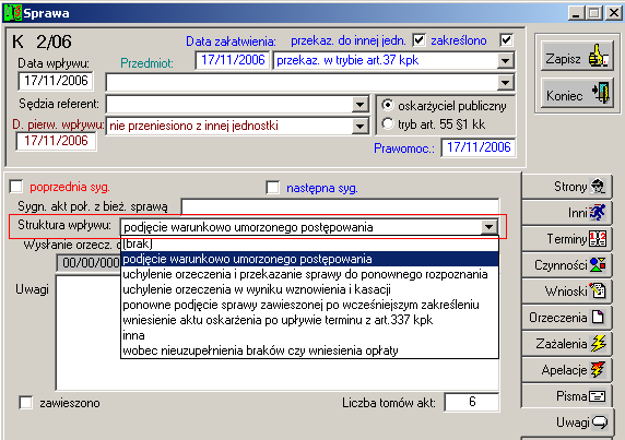 Opis sprawozdania MS-S5 w Wydziale Karnym I instancji Sądu Okręgowego 9 Dział 1.1.1 Struktura wpływu i ponownego wpływu spraw K Wiersze 4-6 i 15 obliczane są na podstawie konfiguracji Przedmiotu sprawy.